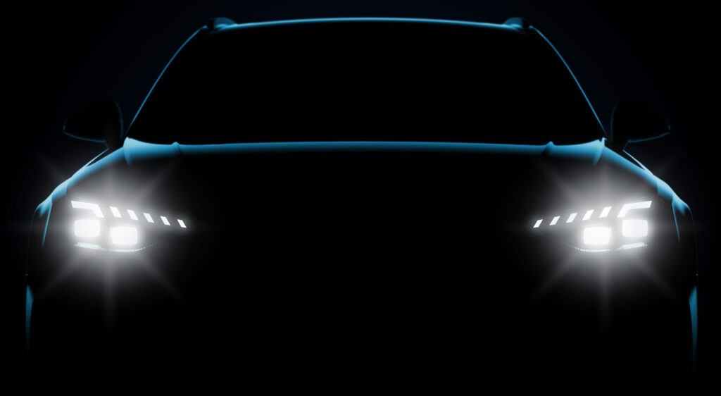 Futuristic car silhouette with glowing headlights, symbolizing lease-end clarity for credit unions